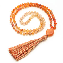 Load image into Gallery viewer, ULURU MALA: Orange Agate knotted mala with 2-coloured Cotton thread & tassel