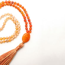 Load image into Gallery viewer, ULURU MALA: Orange Agate knotted mala with 2-coloured Cotton thread & tassel