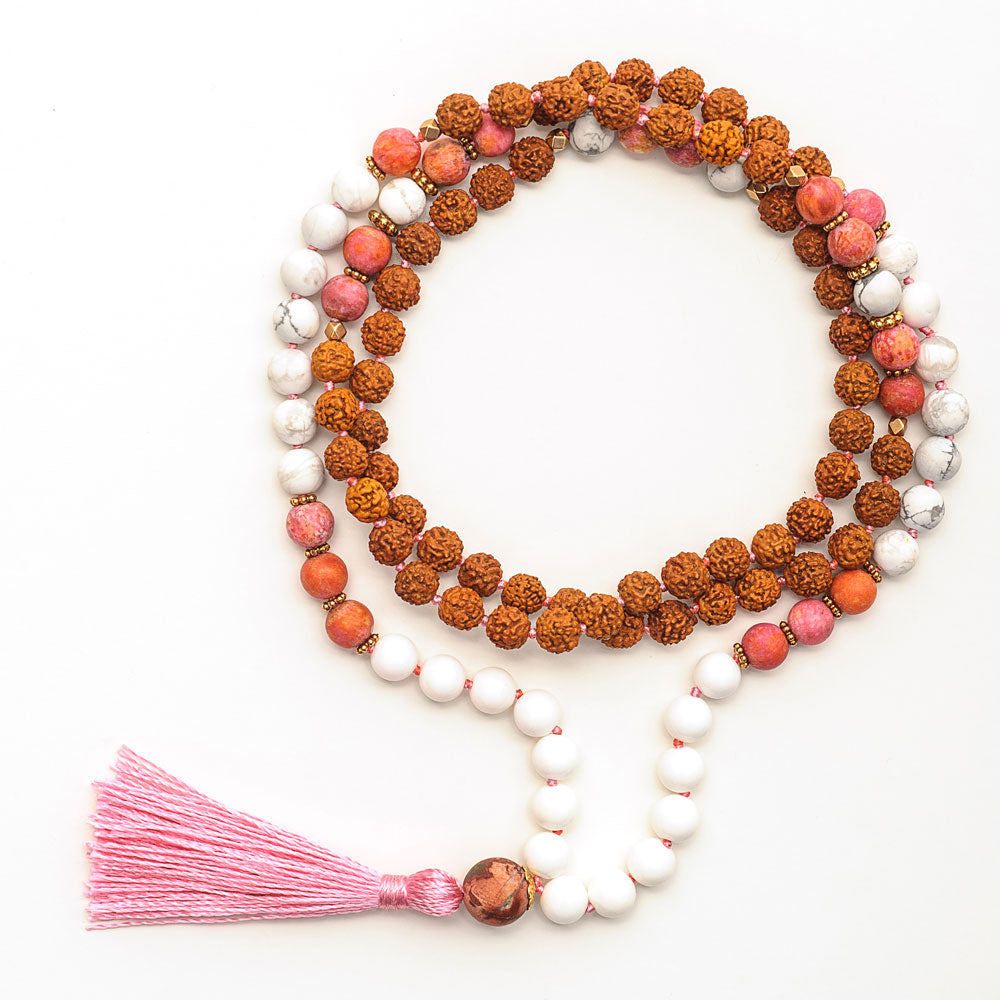 SANTA FE MALA: Jasper, Rudraksha, Pink Agate, White Onyx