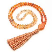 Load image into Gallery viewer, ULURU MALA: Orange Agate knotted mala with 2-coloured Cotton thread &amp; tassel
